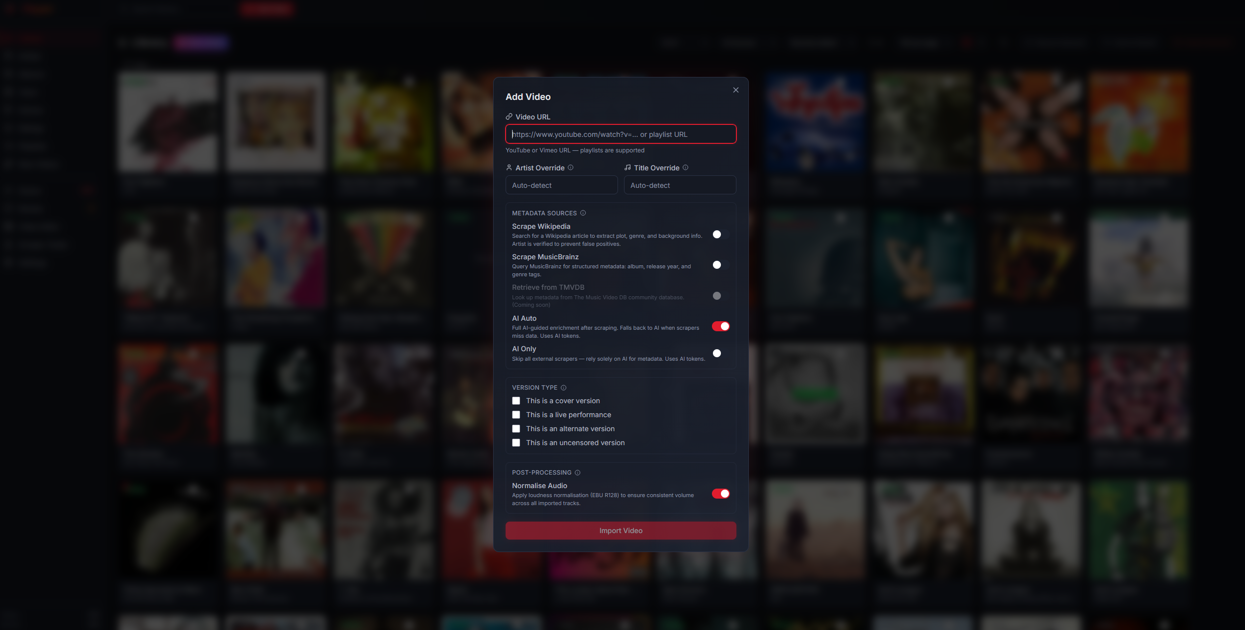Playarr Add Video dialog with metadata sources